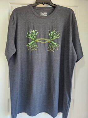 Men's XL Under Armour T-shirt features a vibrant green and yellow antler graphic